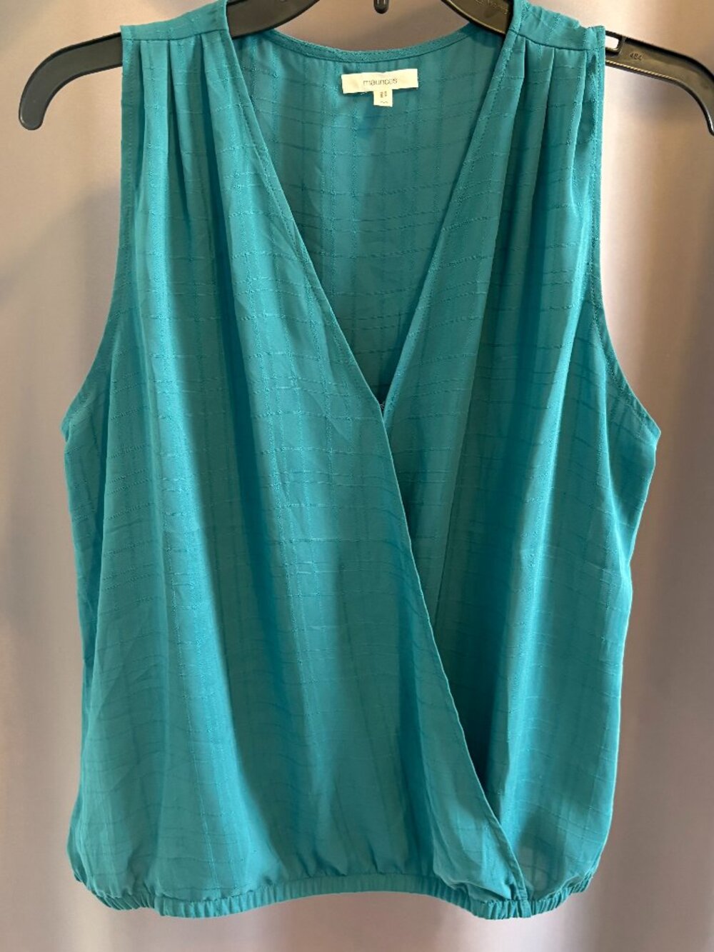 Maurices Teal Blue Sleeveless Surplice Faux Wrap Blouse Textured Plaid Medium